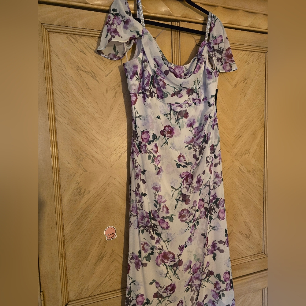 R&M Richards Rhinestone Off the Shoulder Floral Dress. White/ Purple/Green. 16 - Picture 10 of 16